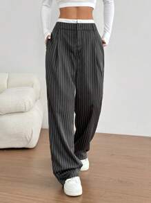 Flirla Contrast Waistband Striped Print Casual Versatile Pocket Pants Fall Cloth For Women - Grey - View 5