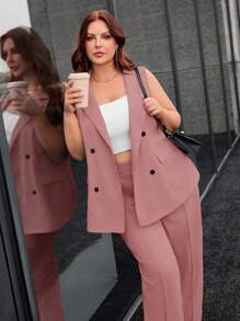 SHEIN Privé 大码优雅通勤职场简约双排扣蓝色背心西装外套和修身裤两件套