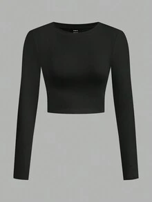 SHEIN Essnce 4 件豹纹黑白休闲简约图案圆领长袖短款紧身女式 T 恤 - 彩色 - 查看 5