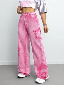 SHEIN Tall Women's Jeans Raw Edge Star Pattern Denim Blue Loose Straight Leg Pants Back To School Fall Women Clothes Women Bottoms Mid Rise Jeans Straight Leg Jeans Y2k Jeans Straight Jeans First Day Of School Women Jeans - Pink - View 4