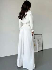 Firerie Festival 2pcs Set: Elegant Casual Loose Fit Round Neck Blouse & High Waist Ruched Wide Leg Pants, Versatile Loungewear/Athleisure Outfit For Spring/Summer, Valentine's Day