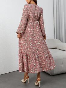 SHEIN Clasi Váy tay bồng họa tiết hoa giản dị cho kỳ nghỉ của phụ nữ - Hồng - Xem 2