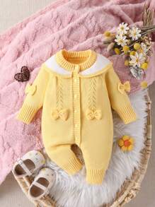 SHEIN Baby Girl Fashionable Cute Versatile Knitted Romper - Yellow - View 1