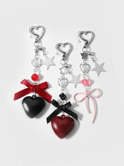 Kawaii 3 pezzi Set di portachiavi e ciondoli alla moda in stile Y2K con catena d'argento, perle finte, dadi, stelle, nastri, fiocchi in acrilico, cuori, accessorio quotidiano da donna, regalo per le vacanze