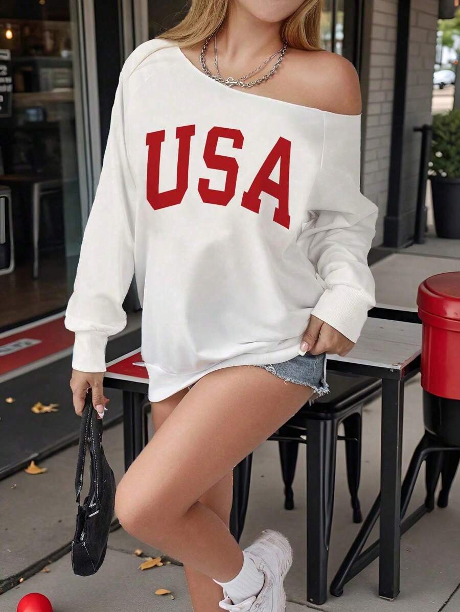 Teen Girl Asymmetric Neck Letter Print Loose Fit Long Sleeve Sweatshirt, Autumn Winter