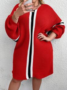 SHEIN CURVE+ فستان كاجوال بتصميم كم الخفاش مع ياقة مستديرة وخطوط، للنساء مقاسات كبيرة، موسم الخريف/الشتاء