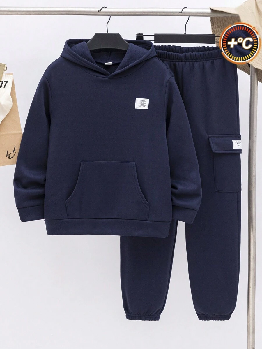SHEIN 青少年男孩服装 - 连帽运动衫,加大码,返校;有领衬衫、慢跑裤两件套,经济实惠,适合通勤、校服、日常休闲、大学、运动 - 藏蓝色 - 查看 1