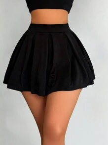 SHEIN PETITE 女式纯色黑色休闲运动百褶返校网球裙校园装迷你短裙女款