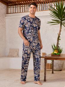 Manfinity 2pcs Men's Allover Print Crewneck Short Sleeve Top And Long Pants Home Wear Set - Multicolor - View 4