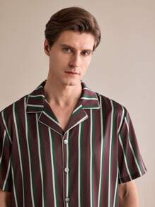 EverLounge Men Striped Print Band-Collar Short Sleeve Single-Breasted Top And Shorts Pajama Set - Multicolor - View 3