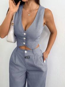 SHEIN EZwear Ladies' Linen Simple Stripe Print Tube Top And Long Pants Two Pieces Set In Fall/Winter - Navy Blue - View 4