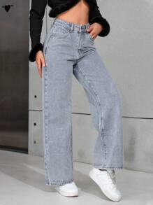 SHEIN PETITE Plain Pocket Casual Versatile Straight-Leg Jeans