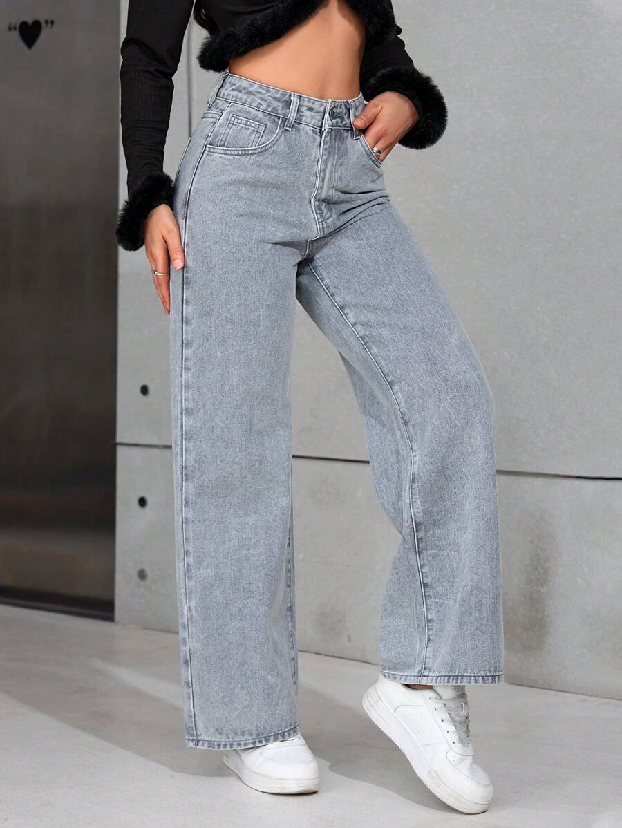 SHEIN PETITE Plain Pocket Casual Versatile Straight-Leg Jeans