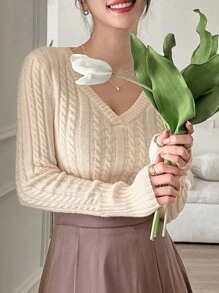 DAZY 女式V领短款麻花针织修身套头衫秋季 - 杏色 - 查看 4