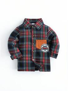 SHEIN 1 Piece Baby Boys Casual Shirt Long Sleeve Patchwork Pocket Car Embroidery Lapel Single-Breasted Top Plaid Retro Fashion Versatile Matching Jeans Casual Pants Daily Wear Elegant Spring New Style - Multicolor - View 1