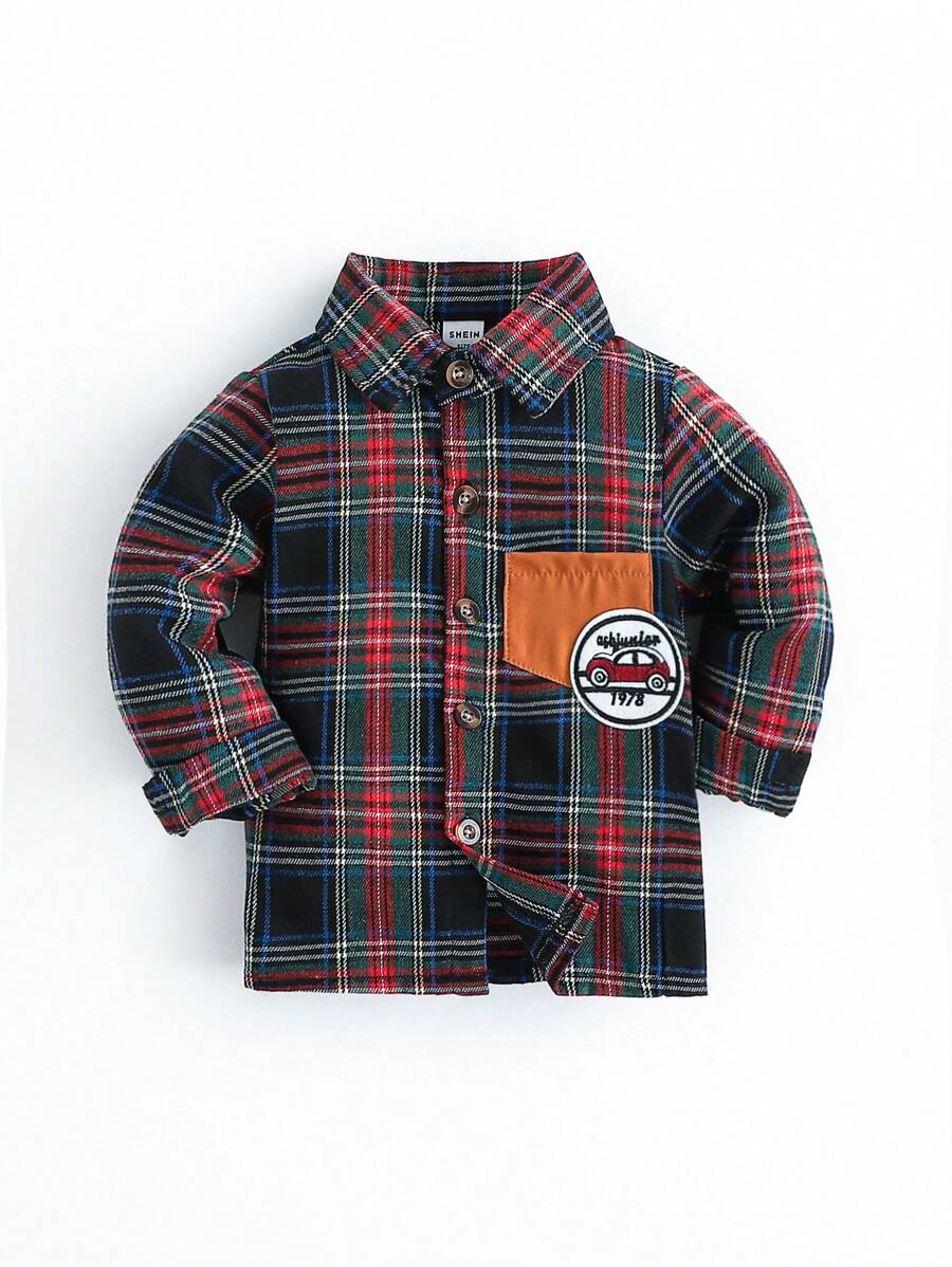 SHEIN 1 Piece Baby Boys Casual Shirt Long Sleeve Patchwork Pocket Car Embroidery Lapel Single-Breasted Top Plaid Retro Fashion Versatile Matching Jeans Casual Pants Daily Wear Elegant Spring New Style - Multicolor - View 1