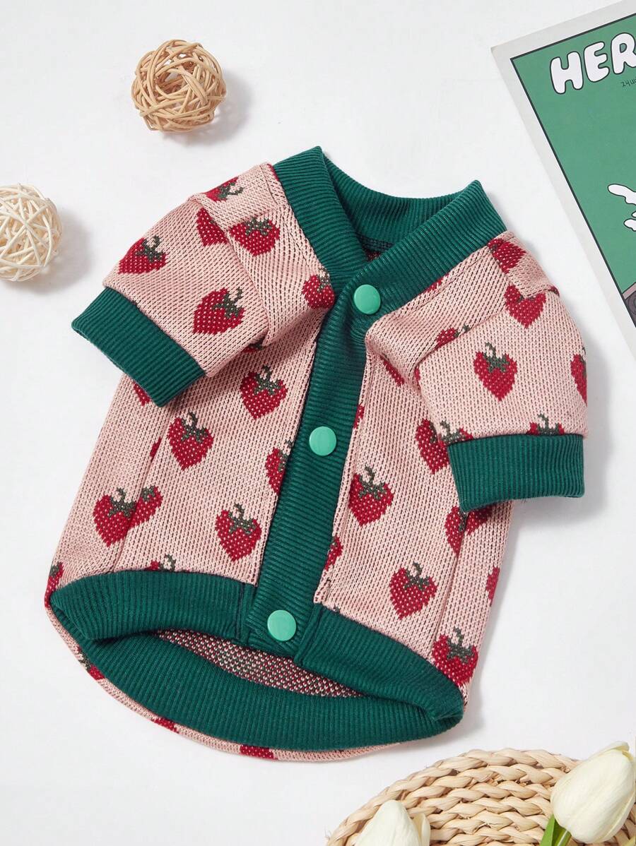 PETSIN 1pc Pet Cat/Dog Floral Vintage Strawberry Pattern Knitted Cardigan Sweater, Suitable For Dogs,Christmas,Christmas Decorations