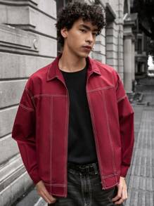 Manfinity VCAY Loose Solid Color Half-Placket Young Casual Short Sleeve Woven Shirt For Men, Urban Vintage Zipper Jacket Long Sleeve Dark Red Jacket, For Friends, Husband, Boyfriend Gifts