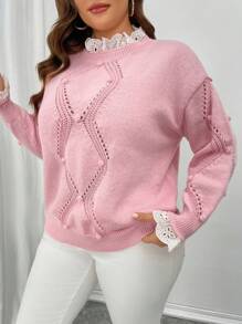 SHEIN Clasi Celure Plus Size Women Pink Pompom Lace Trim Elegant Casual Sweater Pullover, Winter Knit Pullover Fall,Long-Sleeved, Women's Pullover, Elegant, Casual, Christmas, Red, Party,Winter,Summer,Spring/Fall Valentine's Day - Pink - View 4