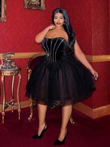 Slaydiva Elegant Rhinestone Decor Black Strapless Party Dress, Suitable For Holidays, New Year, Valentine's Day, Plus Size - Black - View 5