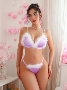 PetitDoll 2件套白色蓬松边无钢圈内衣文胸和内裤套装，圣诞节，可爱