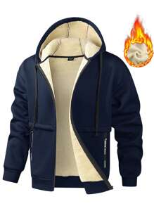 Manfinity Homme Men's Letter Pattern Thermal Lined Hooded Jacket, For Autumn/Winter, Men Fleece Hoodie, Men Zip Up Hoodie, Men Sherpa Lined Hoodie