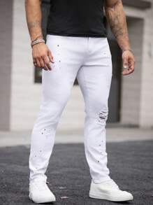 Manfinity Homme Men's Casual Skinny Distressed Splatter Paint Denim Jeans - White - View 3
