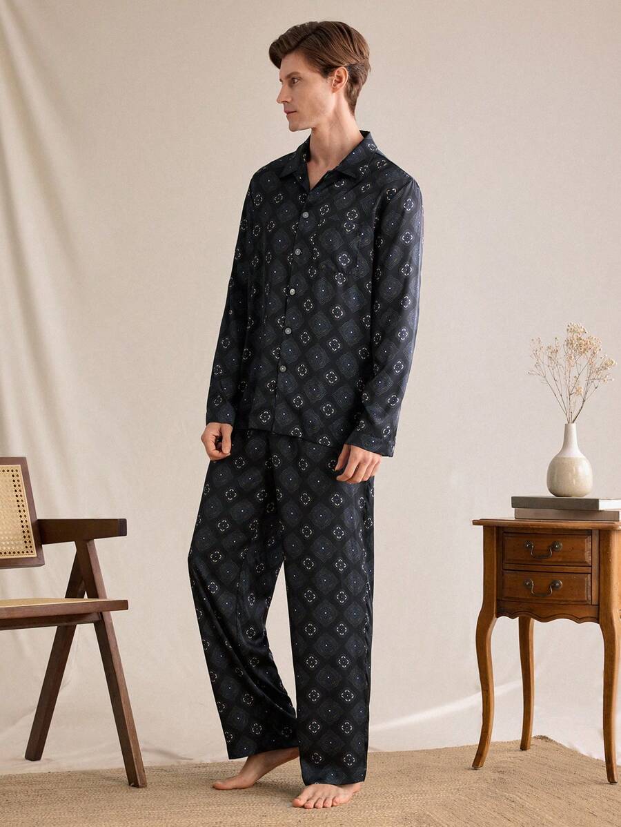 EverLounge 男士花卉印花翻领长袖单排扣上衣和裤子睡衣套装 - 彩色 - 查看 1