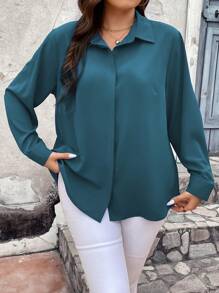 SHEIN LUNE Plus Size Solid Color Front Button Elegant Commuting Long Sleeve Shirt - Teal Blue - View 5