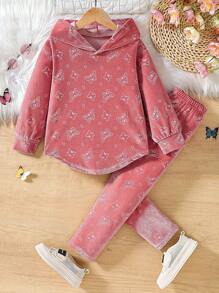 SHEIN Young Girl Velvet Butterfly Embossed Hoodie Top And Pants Casual Set