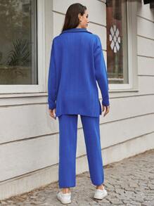 EURMUSE Zipper Front Drop Shoulder Split Hem Sweater & Knit Pants - Royal Blue - View 2