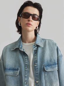 Ontre Women's Autumn Off-Shoulder Long Sleeve Single-Breasted Cargo Pocket Loose Casual Denim Jacket - Blue - View 4