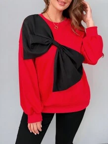 SHEIN Privé 大码女式 3D 蝴蝶结圣诞运动衫，红色配黑色蝴蝶结，节日氛围礼物 - 紅色 - 查看 4