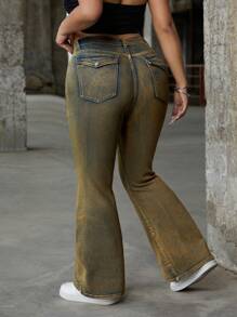 SHEIN ICON Plus Size Women Pockets Flared Casual Versatile Jeans
