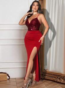 Viva Relle 大码女式亮片细肩带高开叉露背性感派对礼服新年服装超长女士服装