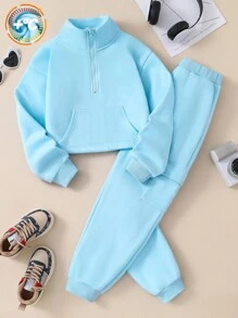 青少年女孩立领长袖拉链短款卫衣 + 裤子两件套服装，秋冬休闲装