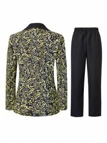 SHEIN Tween Boy All-Over Print Single Breasted Long Sleeve Suit Jacket And Solid Color Trousers Gentleman Suit Set, Formal Suit For Gala, Luxury Party Outfit