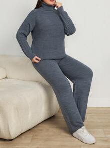 EURMUSE Plus Size Turtleneck Drop Shoulder Sleeve Sweater And Pants Set, For Winter - Dark Grey - View 3