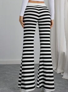 SHEIN EZwear Casual Knit Black And White Striped Low Waist Straight Leg Women Pants