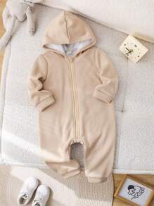 SHEIN Baby Boy And Baby Girl Khaki Plush Lined Soft Knit Loose Hooded Zipper Front Jumpsuit Romper, All-Match Versatile For Indoor And Outdoor Wear, Autumn/Winter
