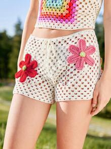 SHEIN Unity Shorts de malha de crochê grande com blocos de cores de flores femininas, shorts de malha românticos casuais femininos para férias, crochê à mão, design floral 3D - Branco - Ver 4