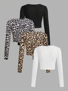 SHEIN Essnce 4 件豹纹黑白休闲简约图案圆领长袖短款紧身女式 T 恤 - 彩色 - 查看 2