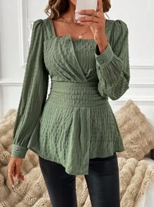 SHEIN Clasi Women Elegant Waist Design Solid Color Square Collar Long Sleeve Shirt - Army Green - View 6