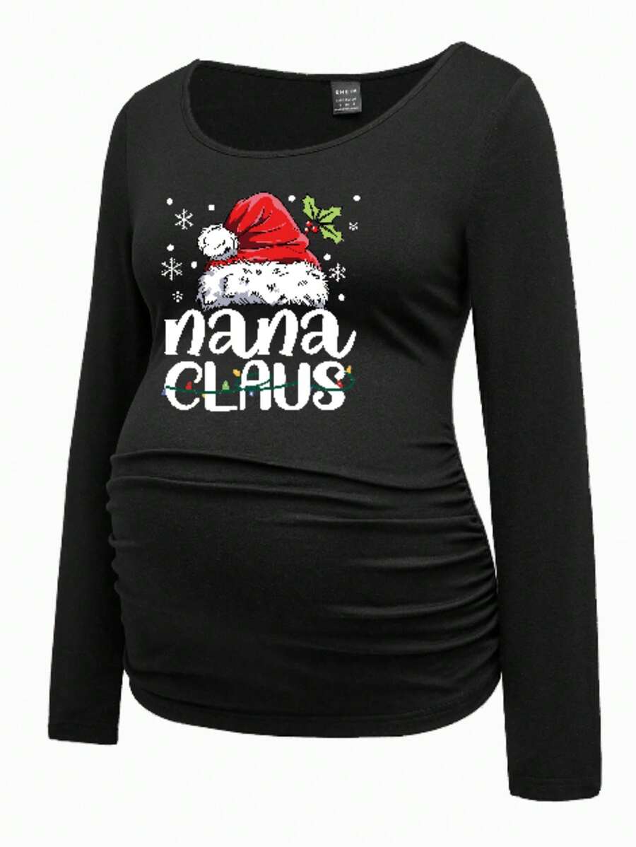 SHEIN Casual & Simple Long Sleeve Regular Maternity T-Shirt For Christmas - Black - View 1
