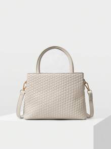 MOTF PREMIUM PU LEATHER COMMUTING WOMEN TOP HANDLE BAG, SOLID COLOR TEXTURE WITH METAL DECOR, BEST MOTHER'S DAY GIFTS WOMEN - Beige - View 3