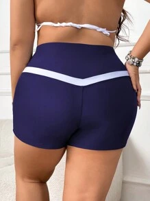 SHEIN Swim Curve Plus Size Women's Modest Solid Color Mixed Panel Swim Shorts Bottom, Suitable For Everyday Wear, Beach, Holiday, Summer Swimwear - Navy Blue - View 1