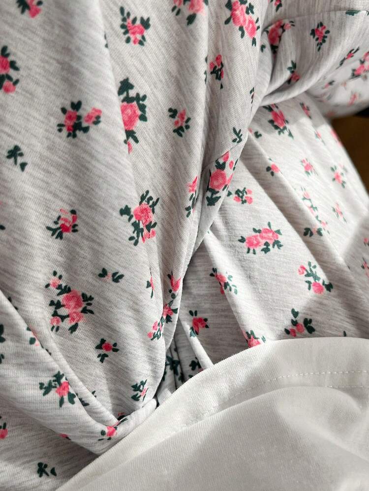 2pcs Floral Lace Patchwork Pocket Decor Top And Wide Leg Pants Pajama Set, Fall Winter Clothes