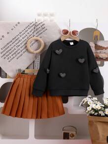 2pcs/Set Young Girl Sweatshirt And Skirt Set, Long Sleeve Round Neck Pullover With 3D Heart Decor And Pleated Skirt, Spring/Autumn