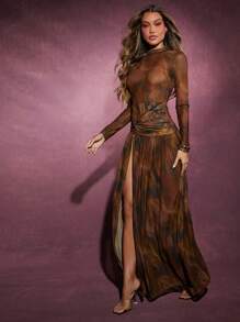 Hauture 冬季女装，女士性感优雅修身棕色抽象印花网眼连衣裙，高开衩长袖，长裙，连衣裙。适合约会之夜、音乐会、表演、婚礼、派对、俱乐部、晚会、正式礼服 - 棕色 - 查看 5