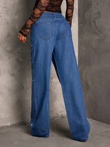 SHEIN BAE Quần Jeans Ống Thẳng Gợi Cảm Cho Nữ, Quần Lấp Lánh Cho Nữ, Quần Jeans Rộng Cho Nữ, Quần Jean Dự Tiệc Cho Nữ, Quần Dự Tiệc Giáng Sinh Cho Nữ, Quần Sequin, Quần Jeans Dự Tiệc Cho Nữ, Quần Dự Tiệc Giáng Sinh - Rửa tối - Xem 2